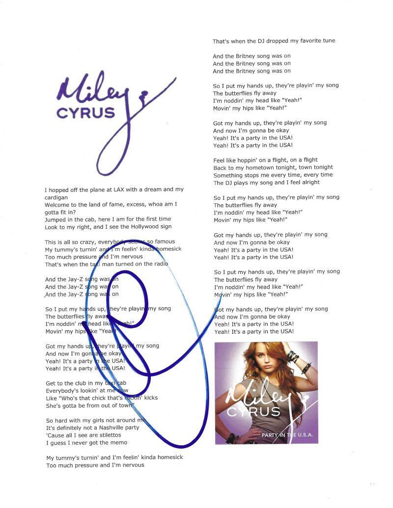 Miley Cyrus Authentic Autographed Lyrics & Sheet Music PTS COA