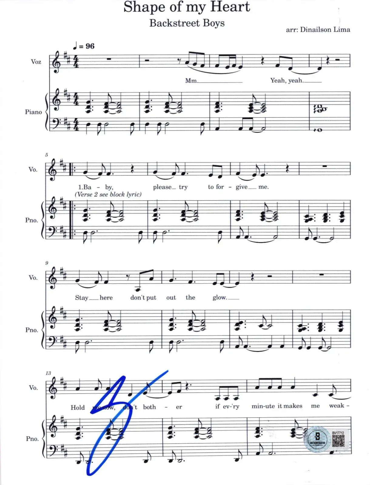 AJ McLean of Backstreet Boys signed Shape of My Heart sheet music — Beckett authenticated