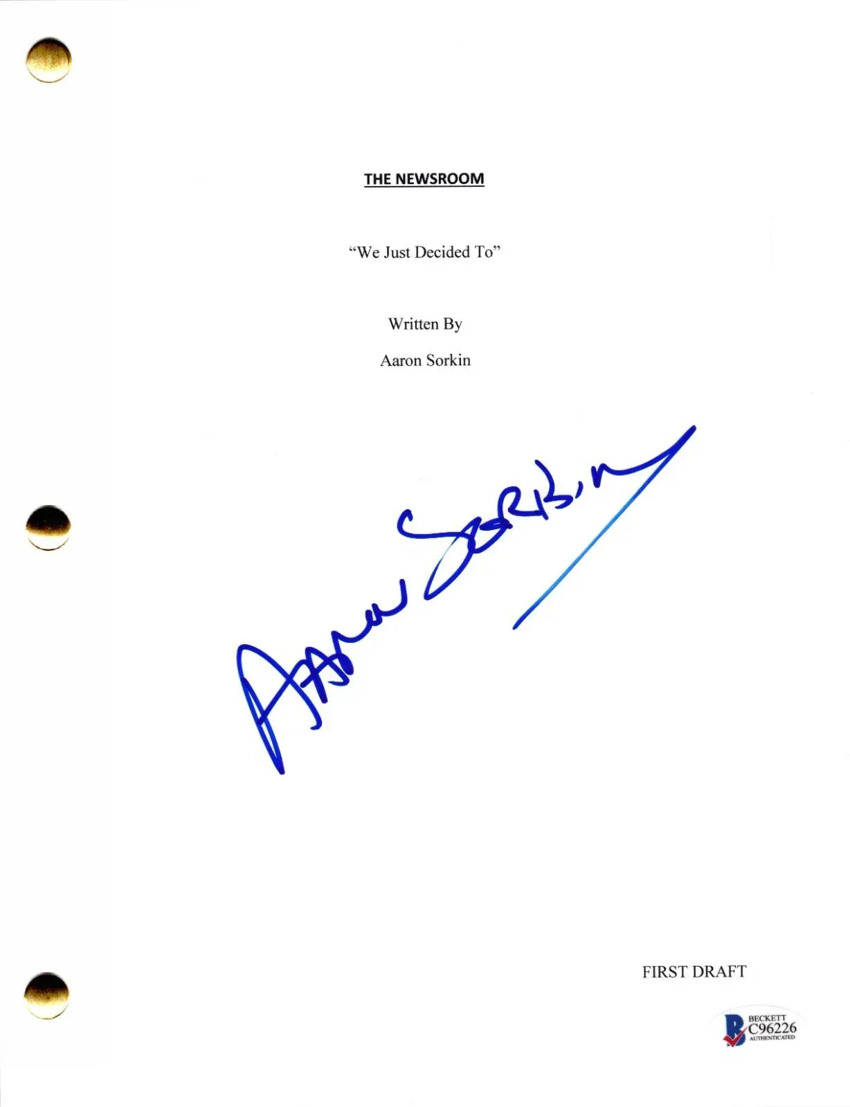 Aaron Sorkin Authentic Autographed The Newsroom Script