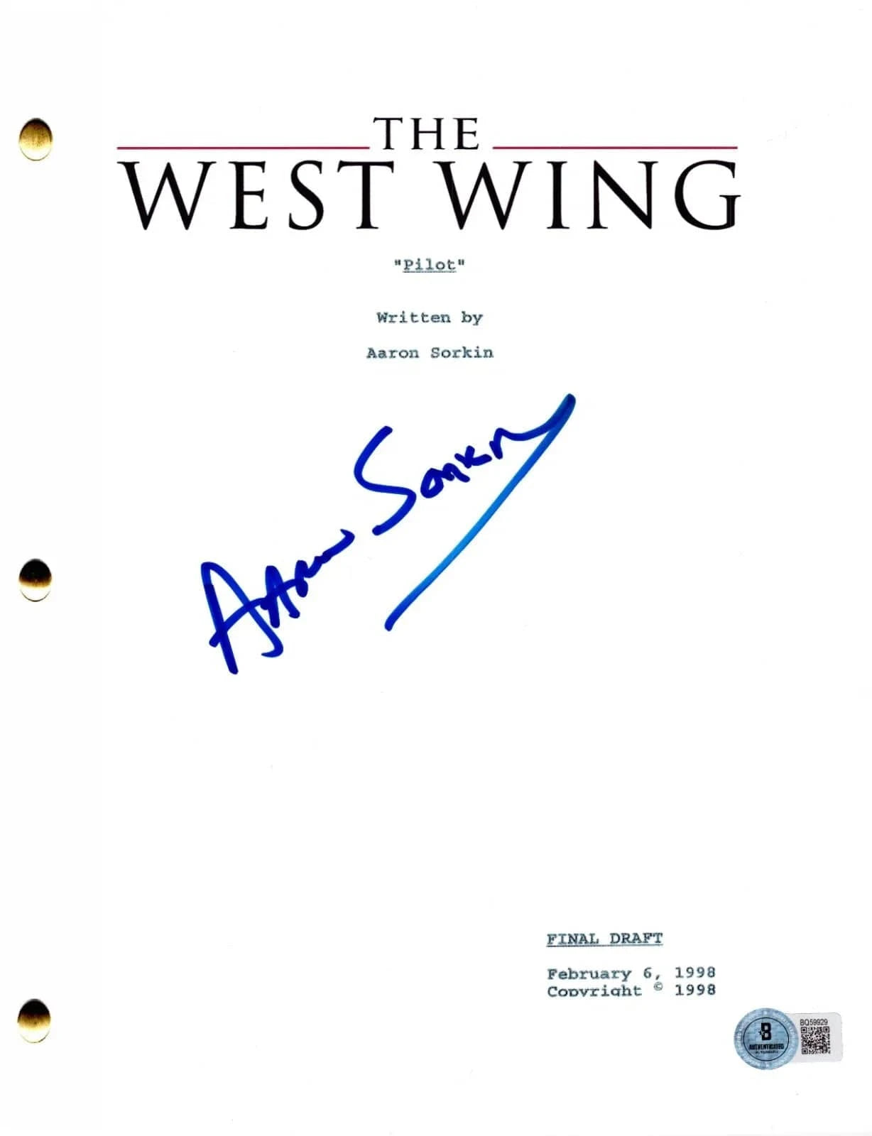 Aaron Sorkin Signed Script from The West Wing Beckett COA - Item #1