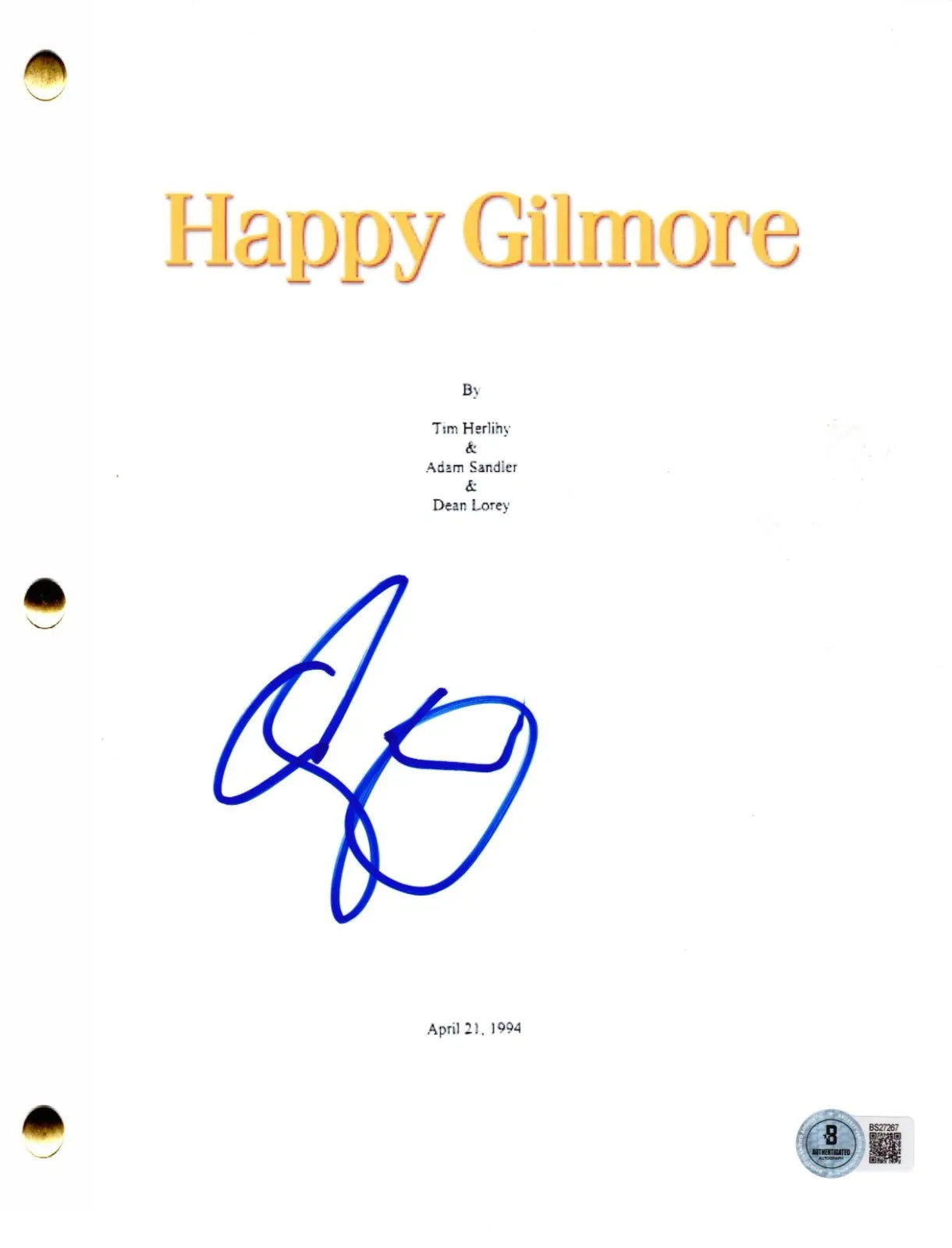 Adam Sandler signed Happy Gilmore script with Beckett Hologram & QR Code