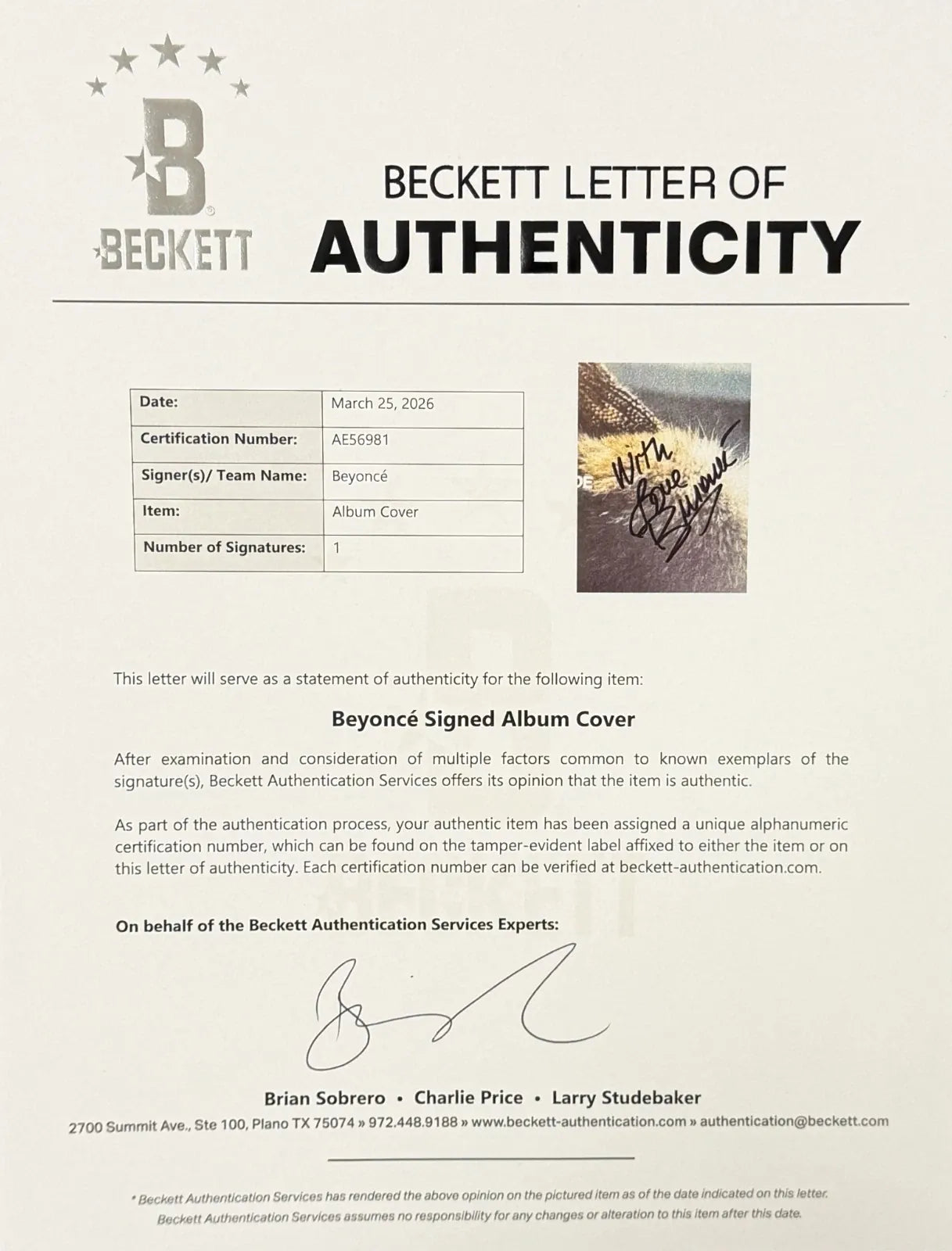 Beyonce autographed item - Back View