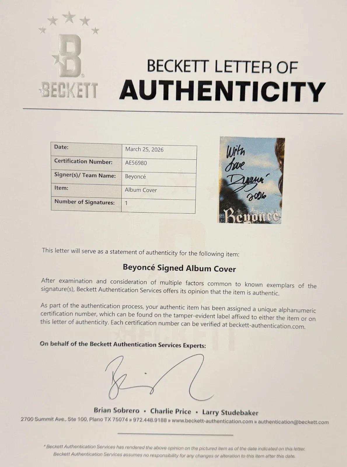 Beyonce autographed item - Side View