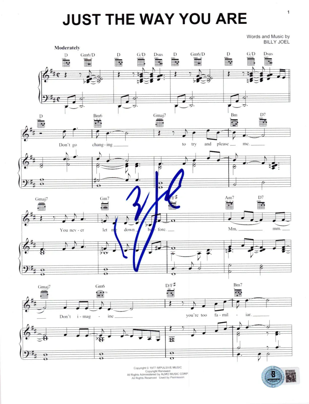 Billy Joel Just autographed item with certificate of authenticity