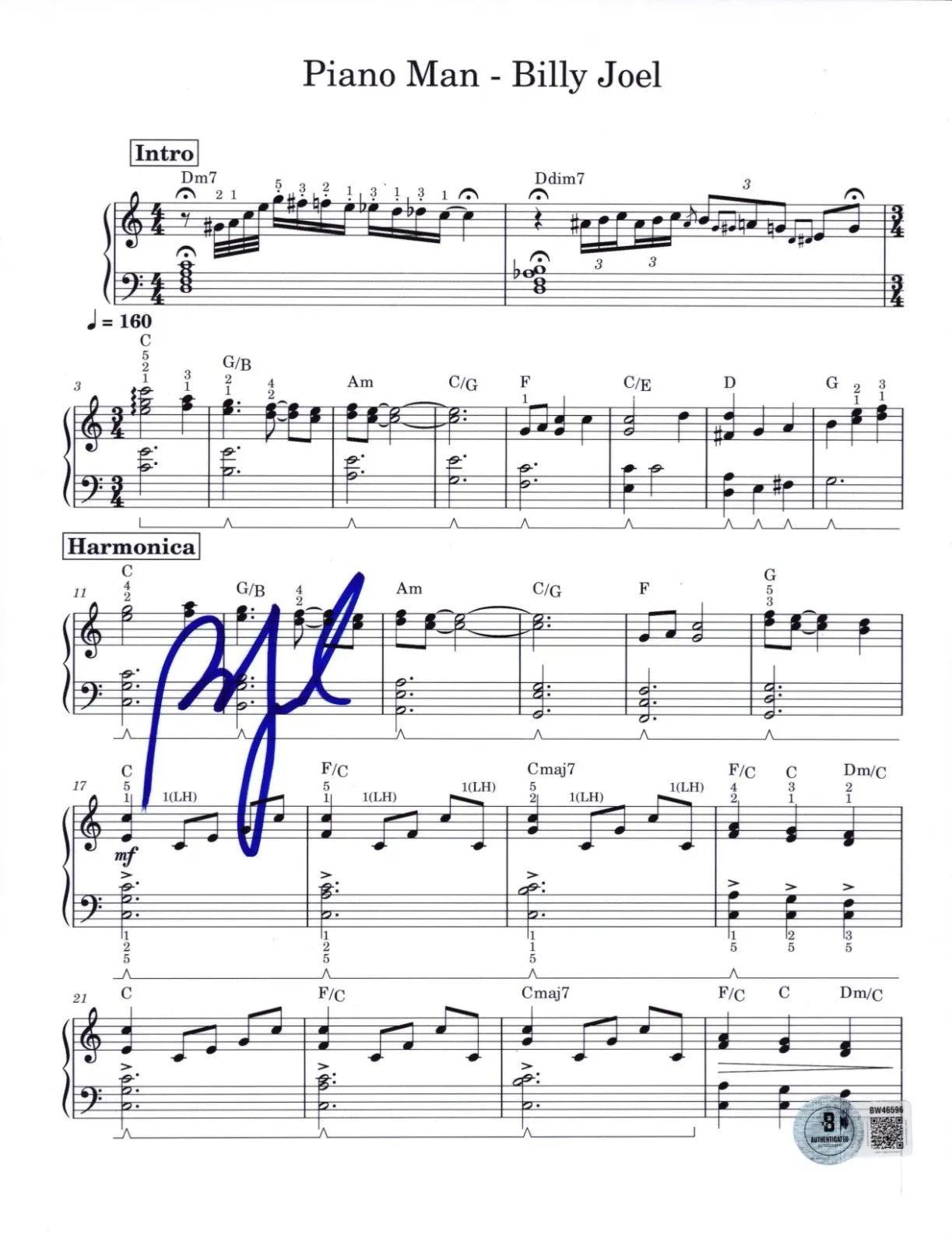 Billy Joel signed Piano Man sheet music with Beckett Hologram & QR Code