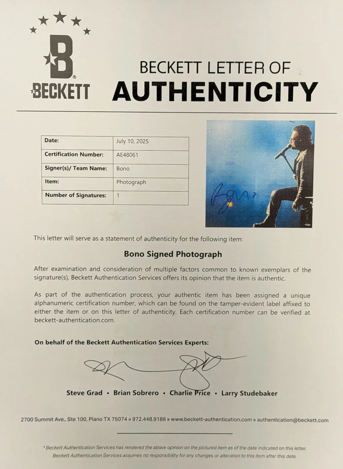Bono signed Vinyl Record — alternate view