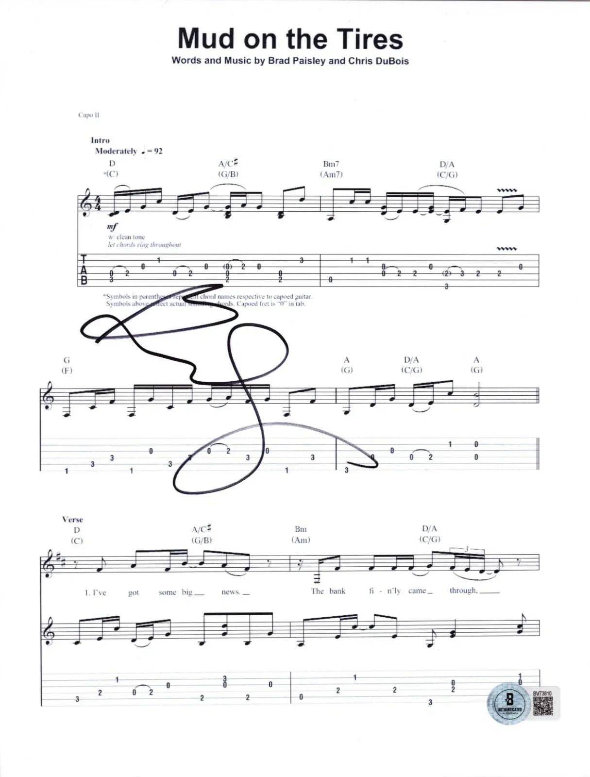 Brad Paisley signed Mud on the Tires sheet music — Beckett authenticated
