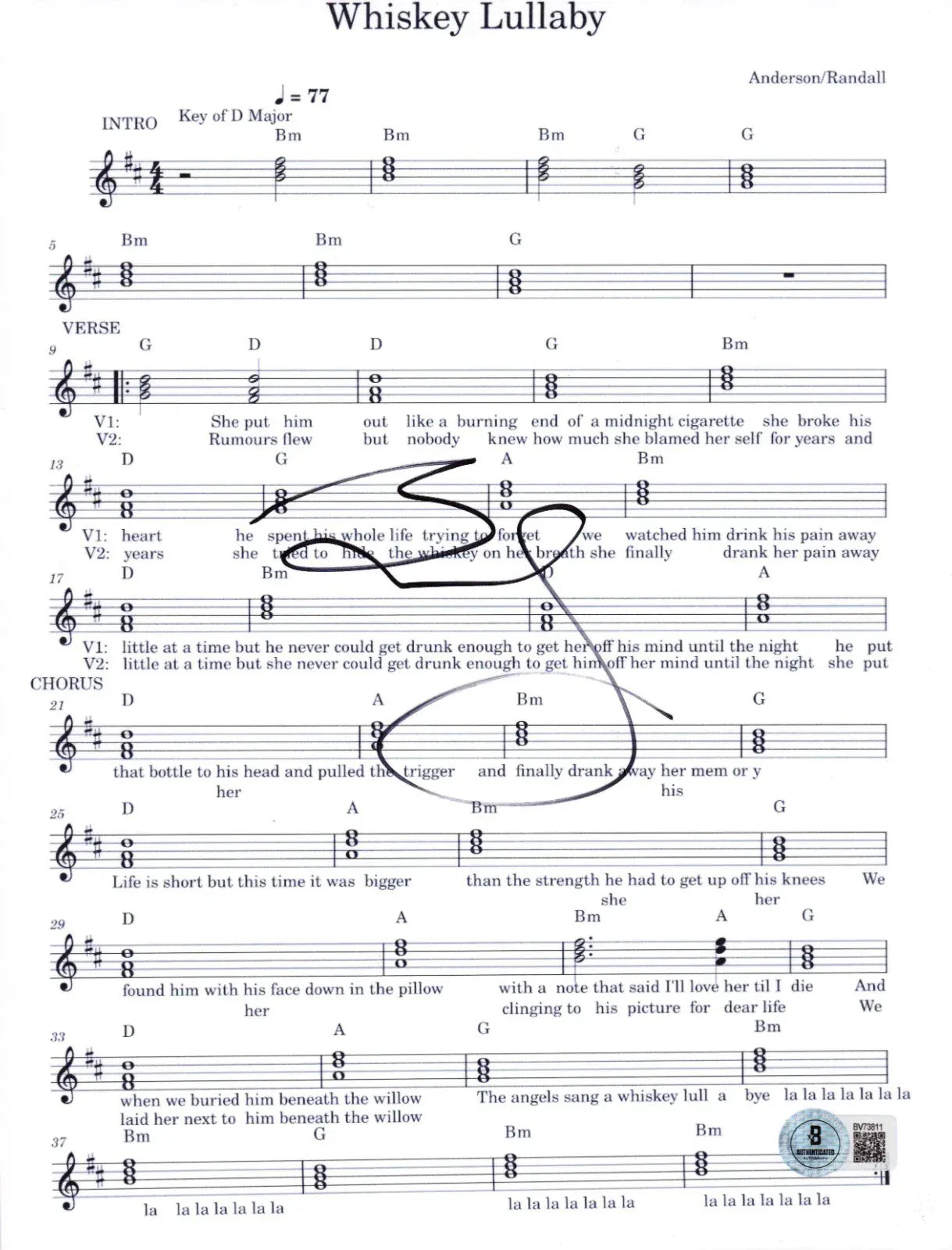 Brad Paisley signed Whiskey Lullaby sheet music — Beckett authenticated