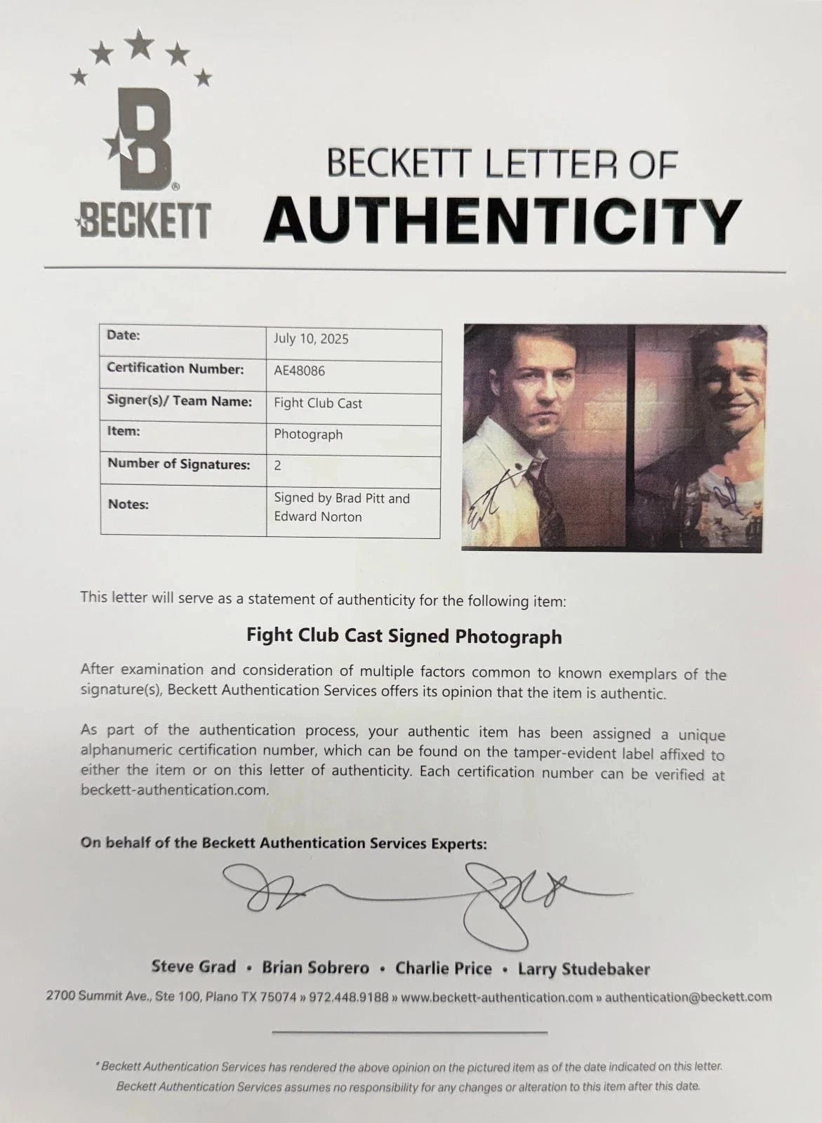 Brad Pitt Signed 11x14 Photo from Fight Club Beckett COA - Item #1 - Detail View