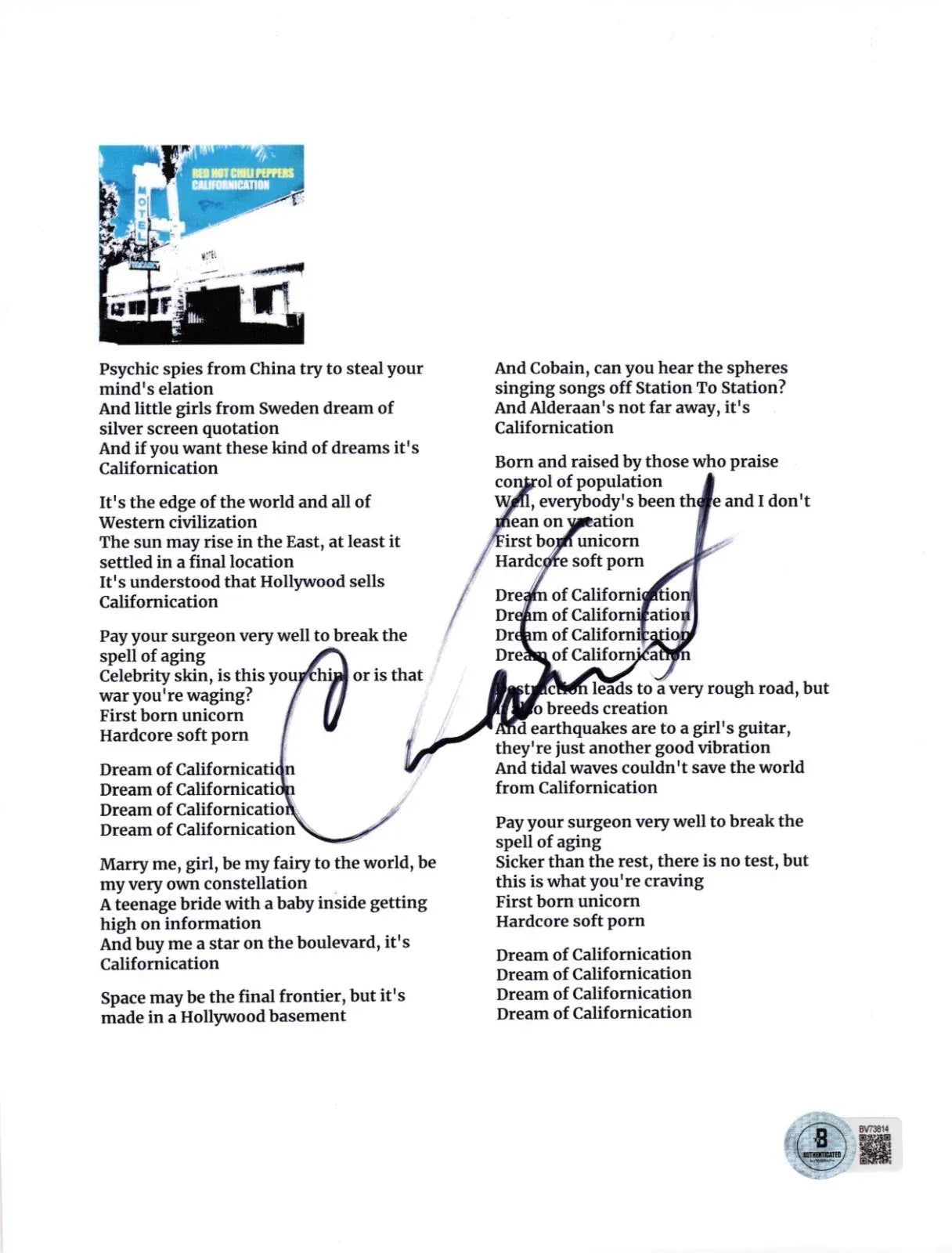 Chad Smith of Red Hot Chili Peppers signed Californication lyric sheet — Beckett authenticated