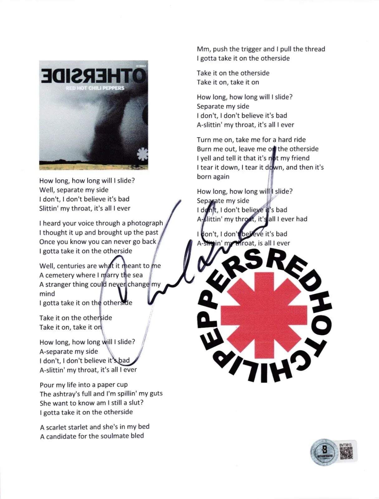 Chad Smith of Red Hot Chili Peppers signed Otherside lyric sheet — Beckett authenticated