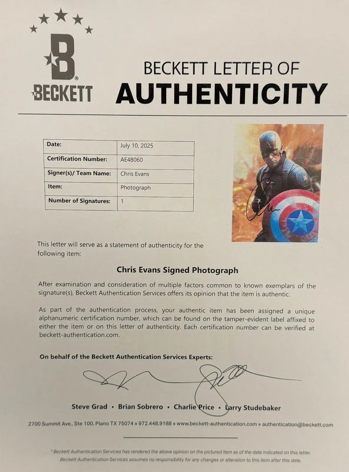 Chris Evans Authentic Autographed 11x14 Photo LOA