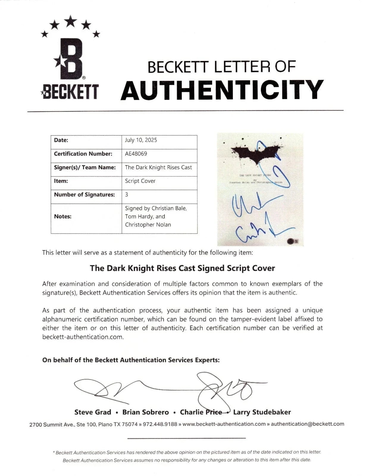 Christian Bale Signed Script from The Dark Knight Rises Beckett COA - Item #1 - Detail View