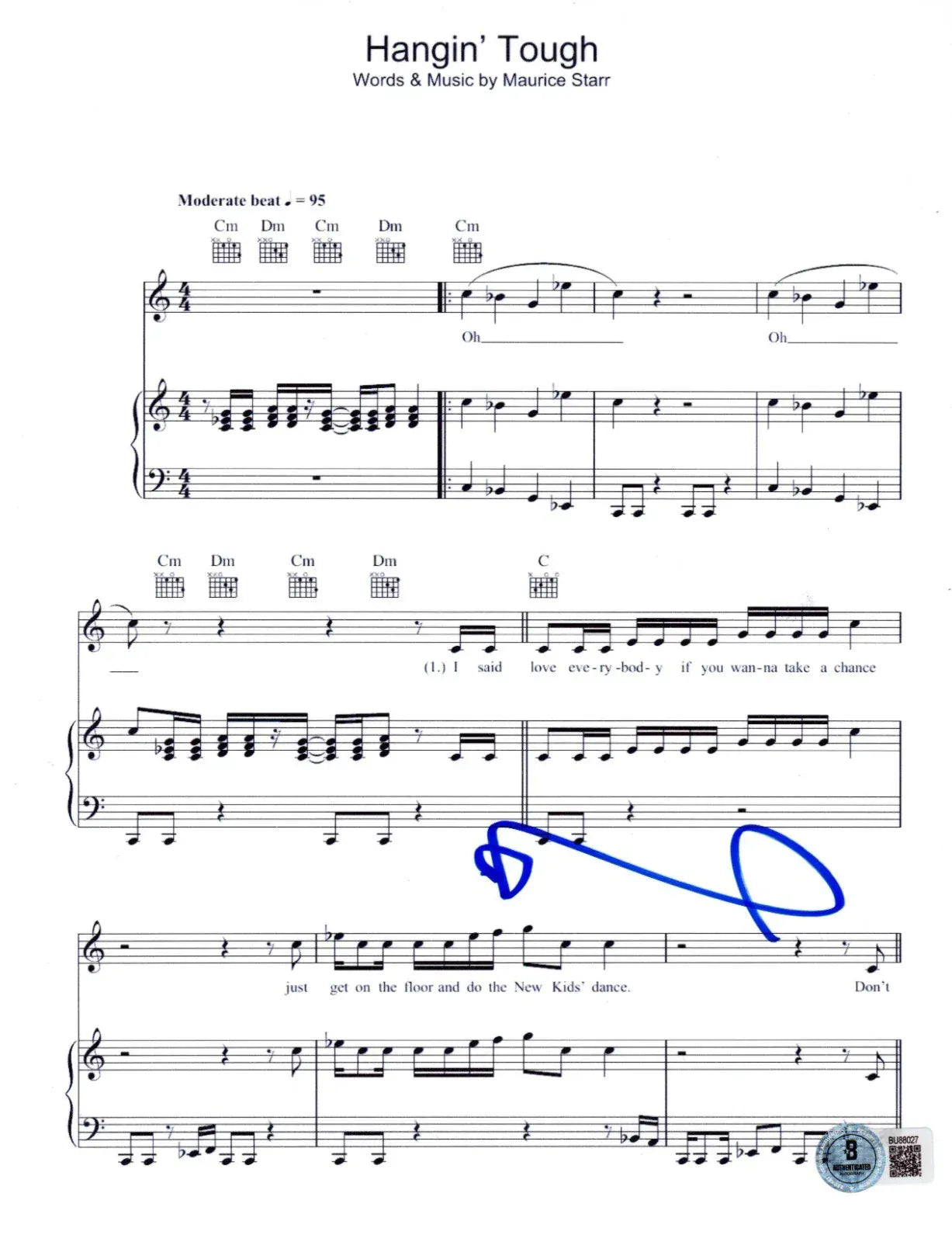 Donnie Wahlberg of autographed hanging tough sheet music with certificate of authenticity