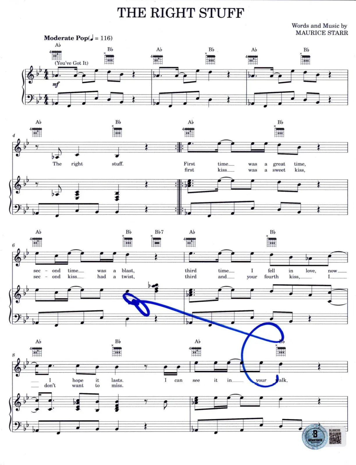 Donnie Wahlberg of autographed the right stuff sheet music with certificate of authenticity