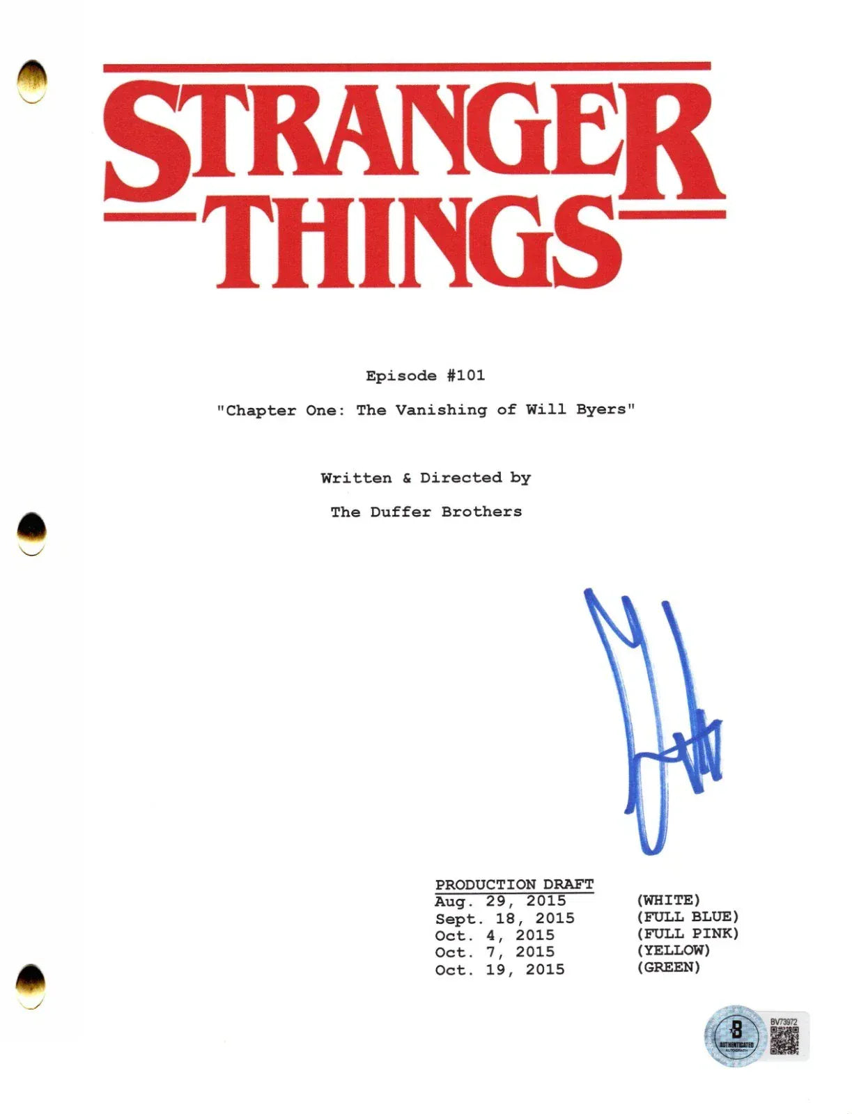 Gaten Matarazzo signed Stranger Things pilot script — Beckett authenticated