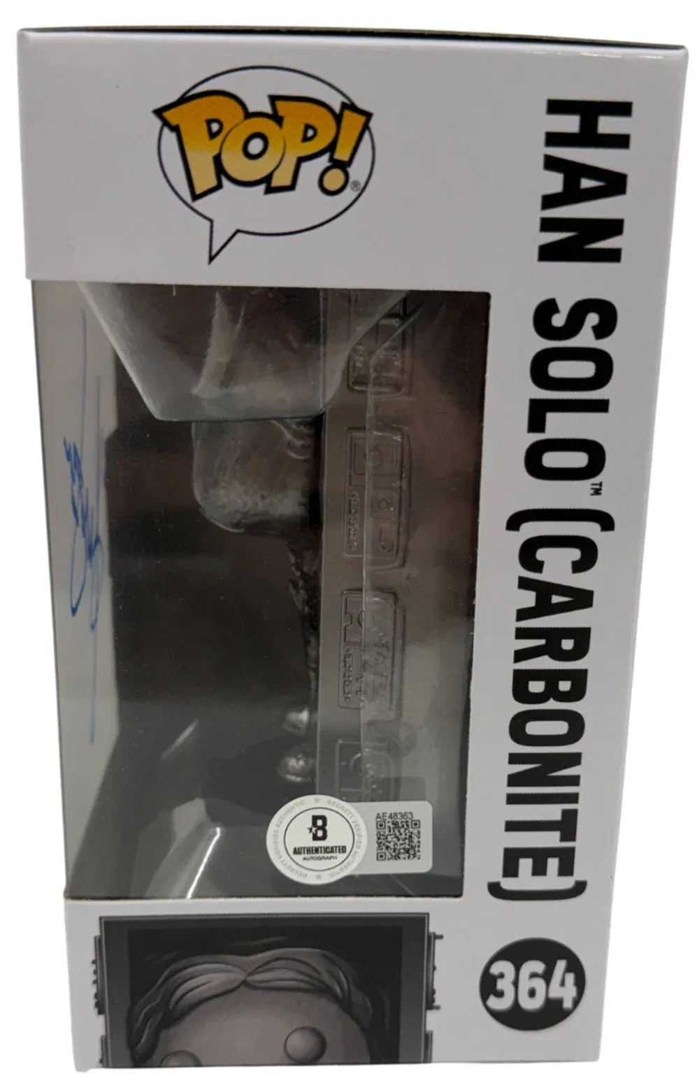 Harrison Ford Han autographed Funko Pop #364 - signature closeup with COA