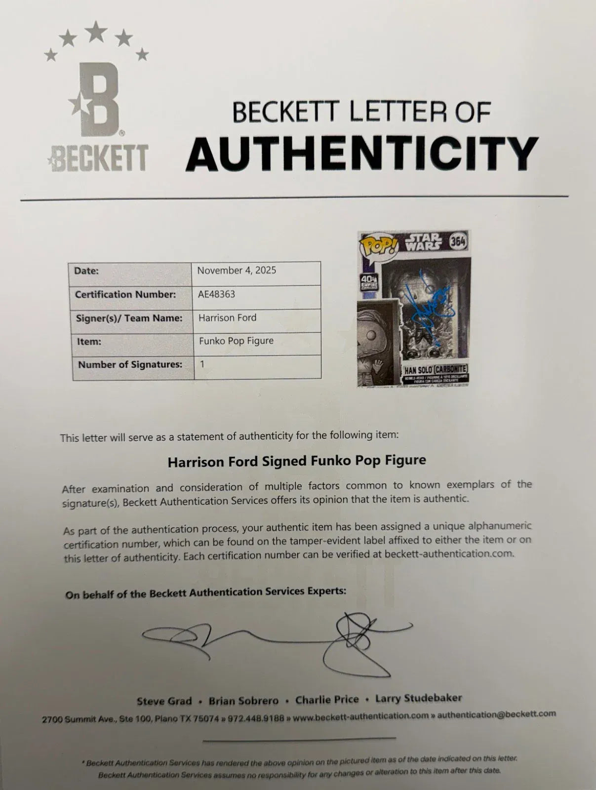 Harrison Ford Han autographed Funko Pop #364 - certificate of authenticity shown