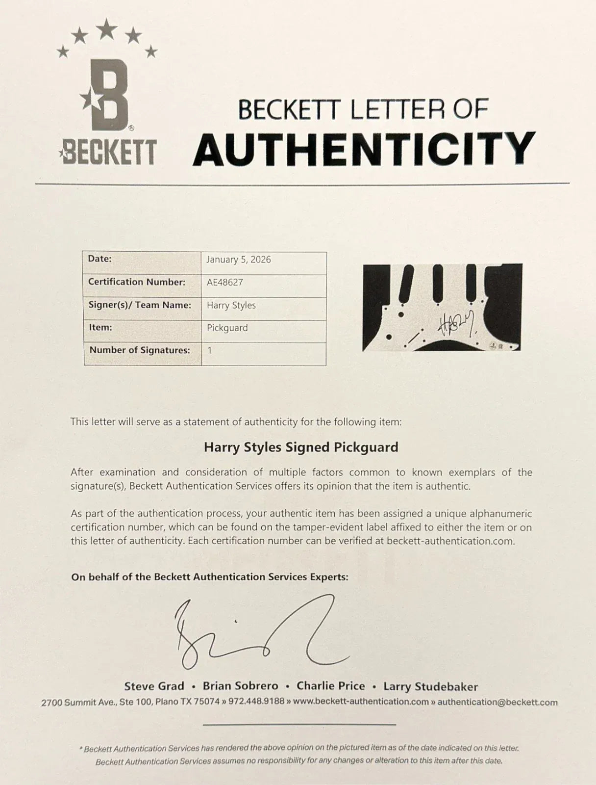 Harry Styles signed Full Size Electric Guitar — alternate view