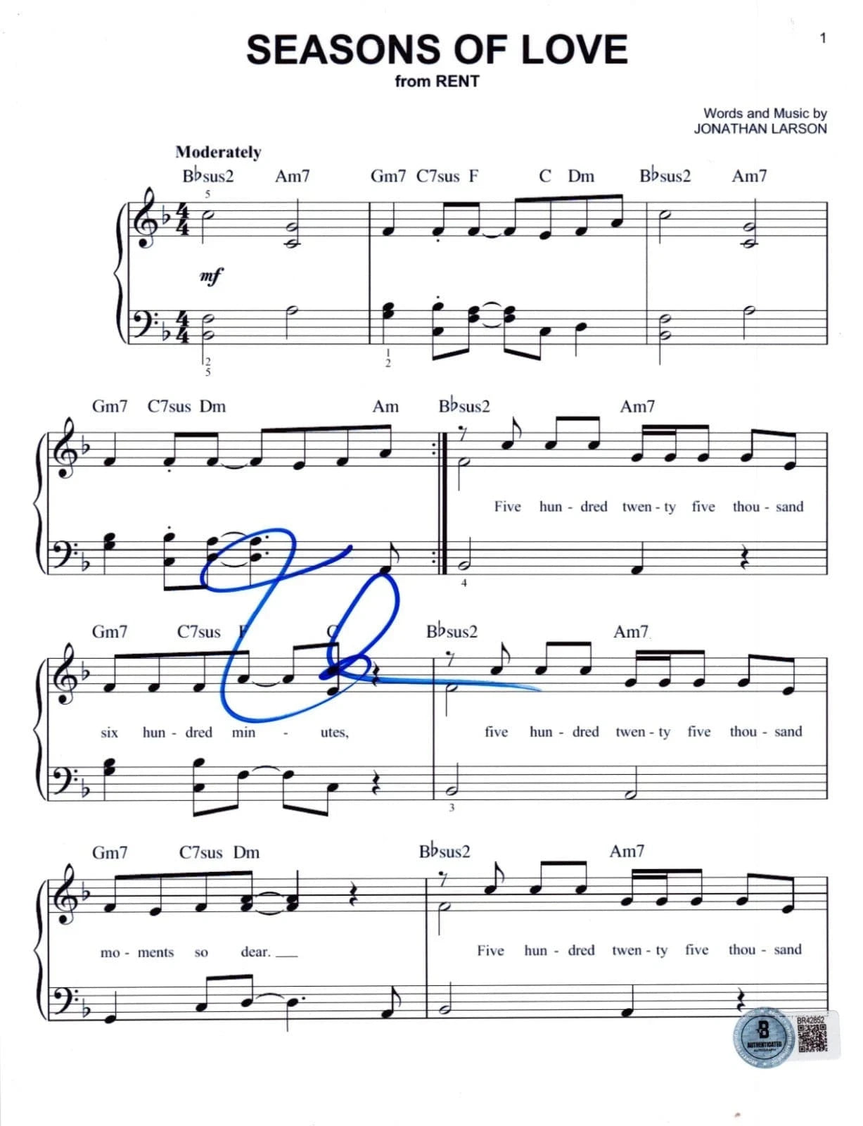 Idina Menzel Signed Seasons Love Lyrics & Sheet Music from Rent Beckett COA