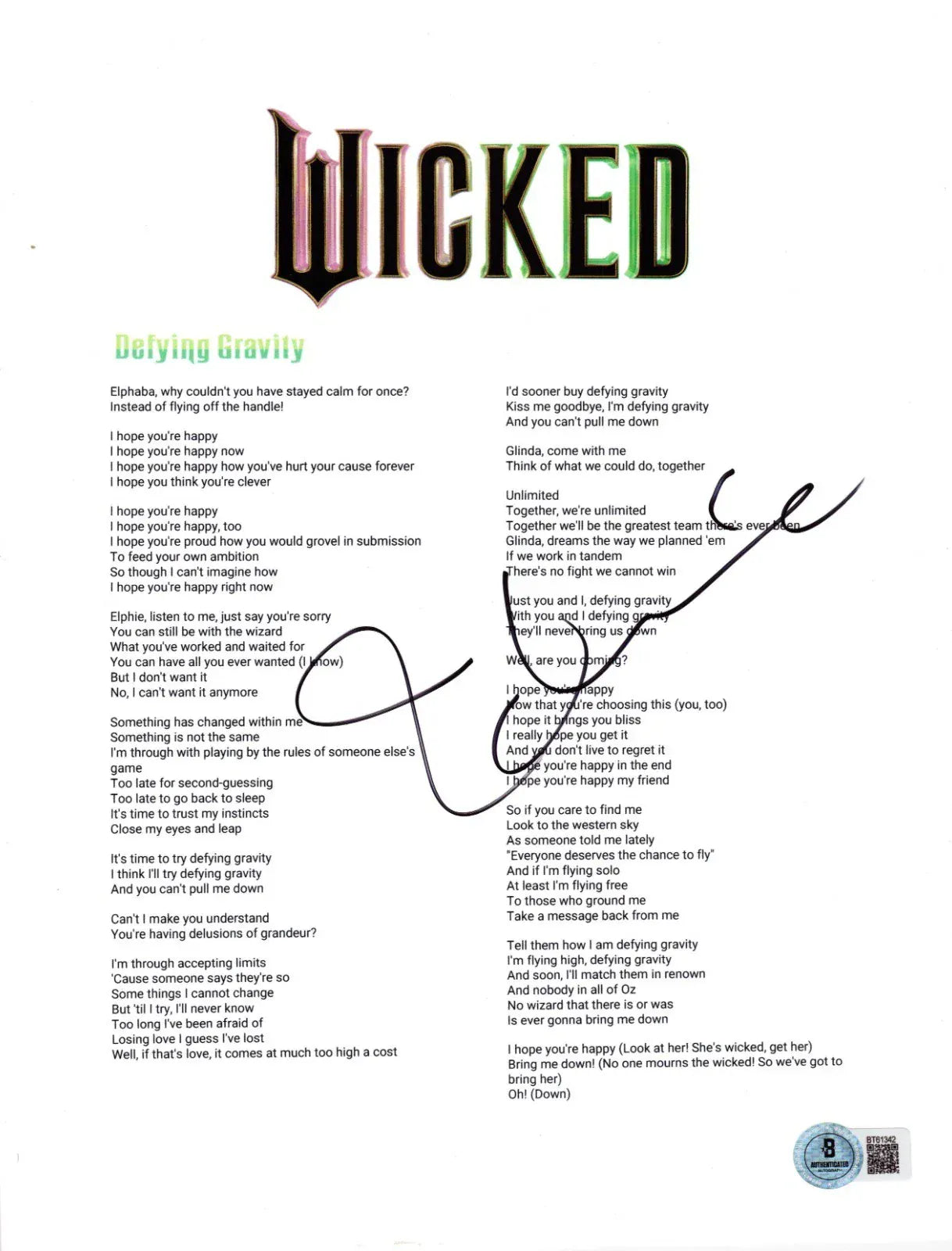 Idina Menzel Signed Defying Gravity Lyrics Sheet from Wicked Beckett COA - Item #14