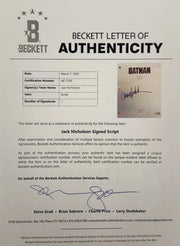 Jack Nicholson Signed Script from Batman Beckett COA - Alternate Angle