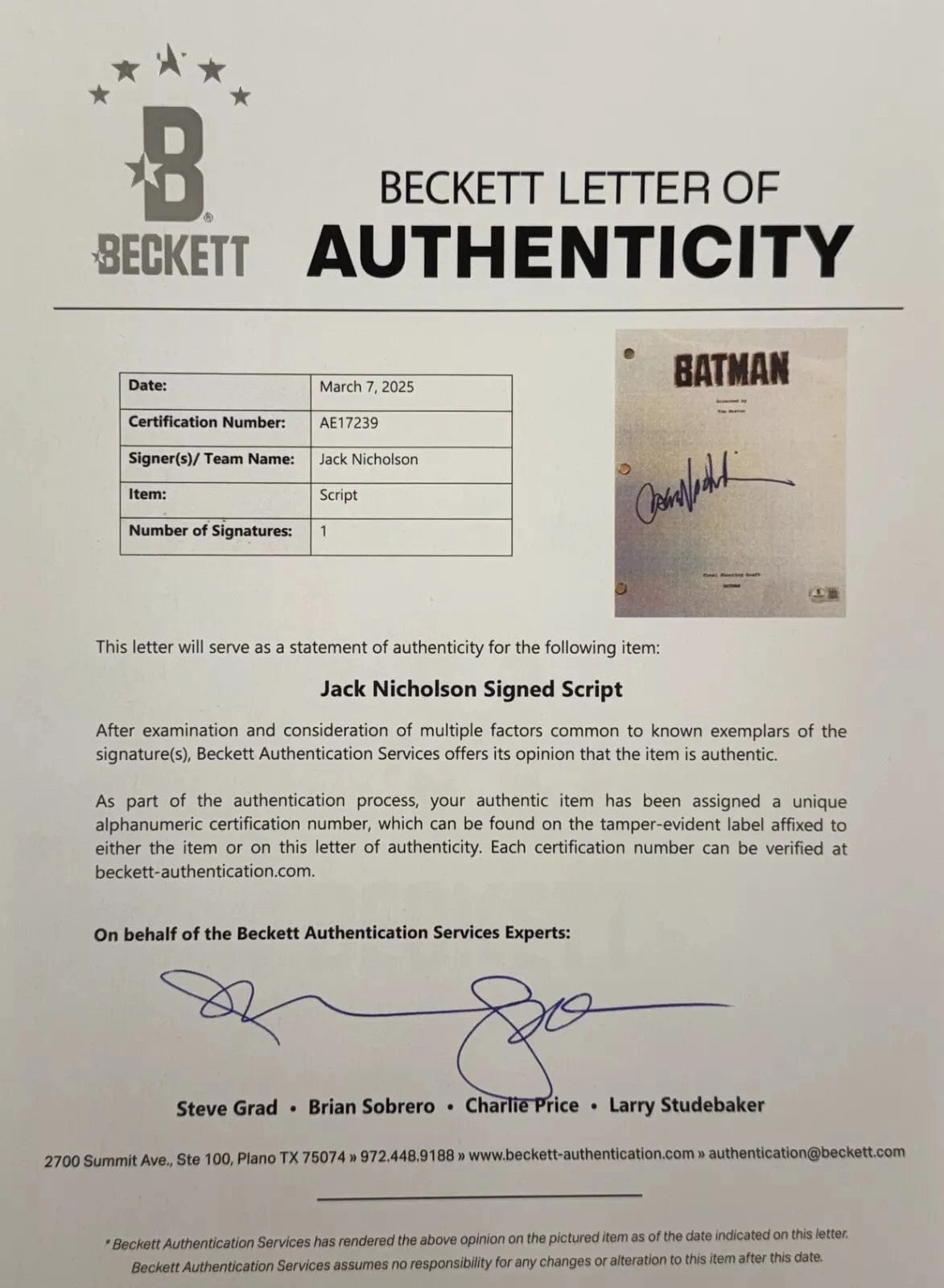 Jack Nicholson Signed Script from Batman Beckett COA - Alternate Angle