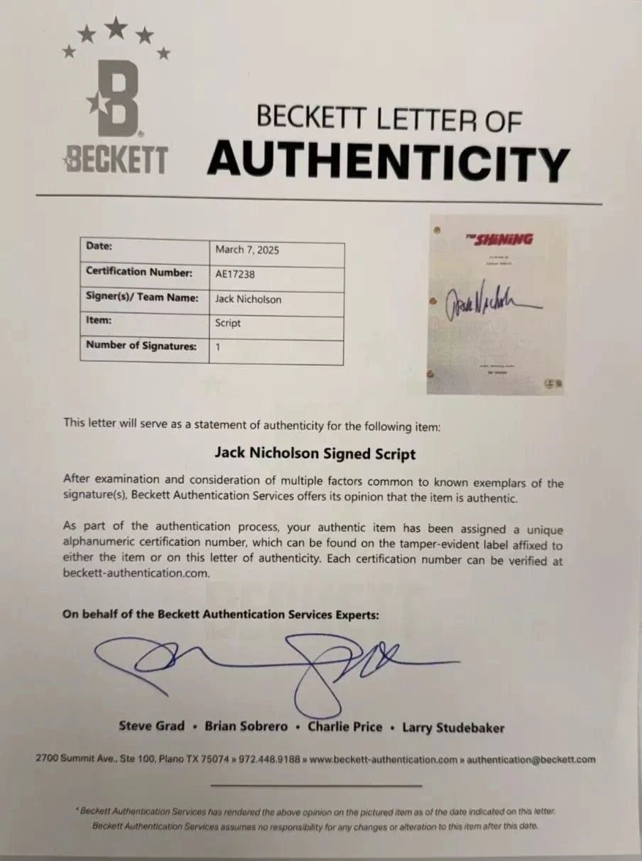 Jack Nicholson Signed Script from The Shining Beckett COA - Alternate Angle