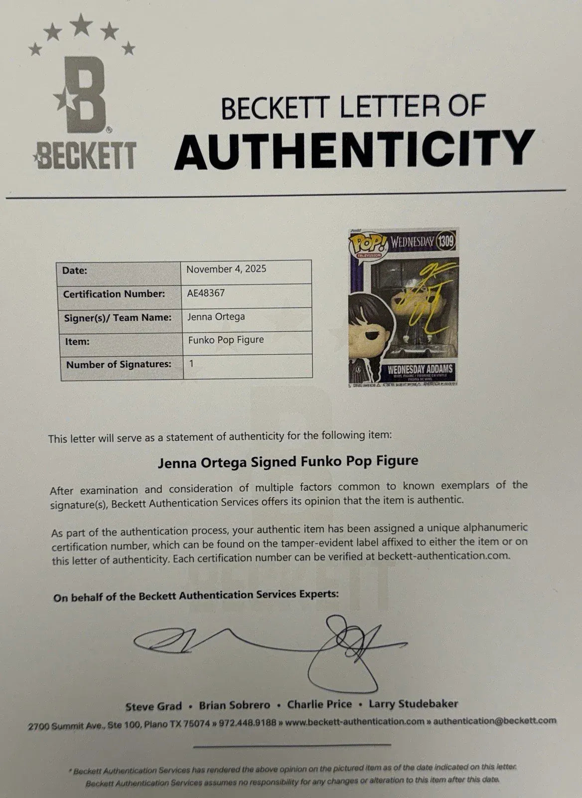 Jenna Ortega Wednesday Wednesday autographed Funko Pop #725 - certificate of authenticity shown