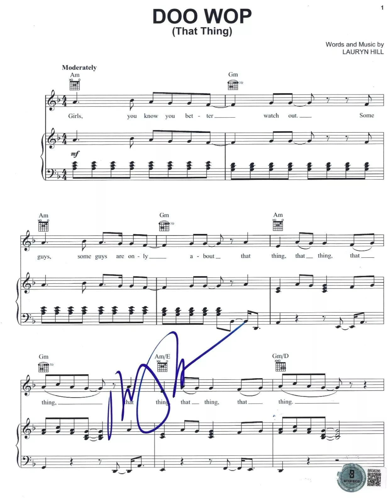 Lauryn Hill of The Fugees Signed Doo Wop (That Thing) Lyrics & Sheet Music Beckett COA
