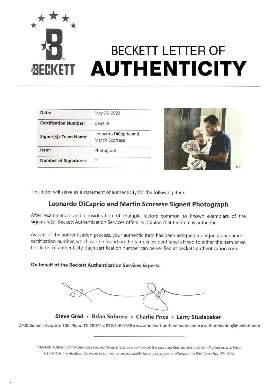 Leonardo DiCaprio Signed 11x14 Photo from Wolf of Wall Street Beckett COA - Detail View