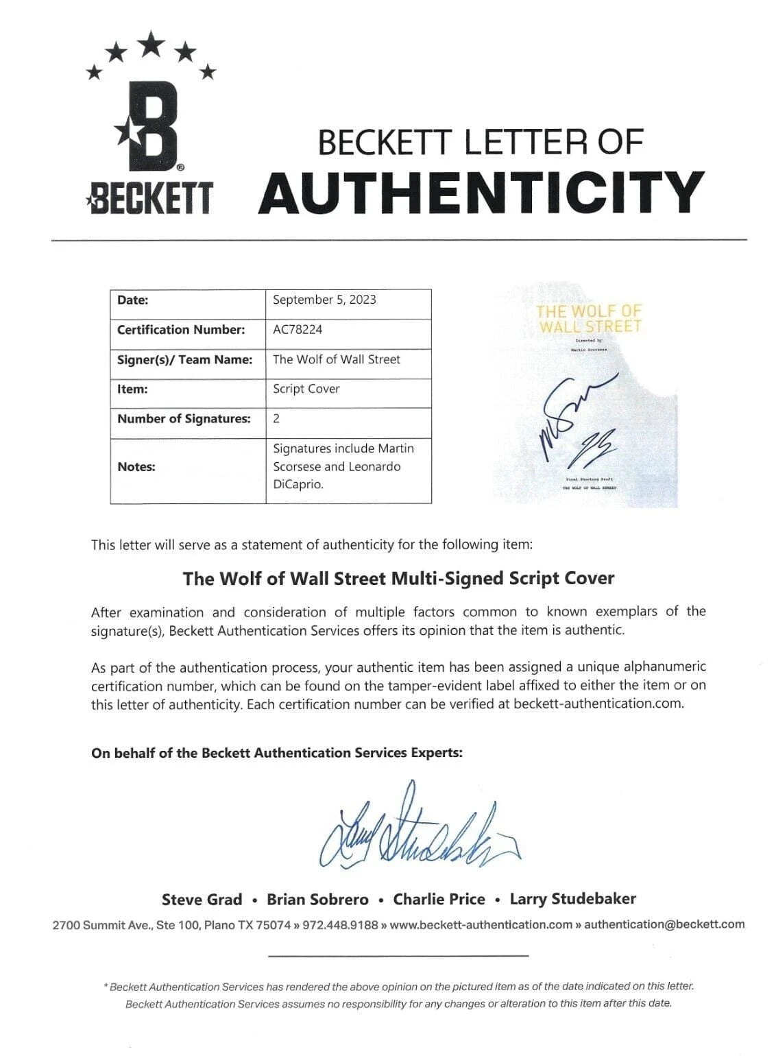 Leonardo DiCaprio Signed Script from The Wolf of Wall Street Beckett COA - Detail View
