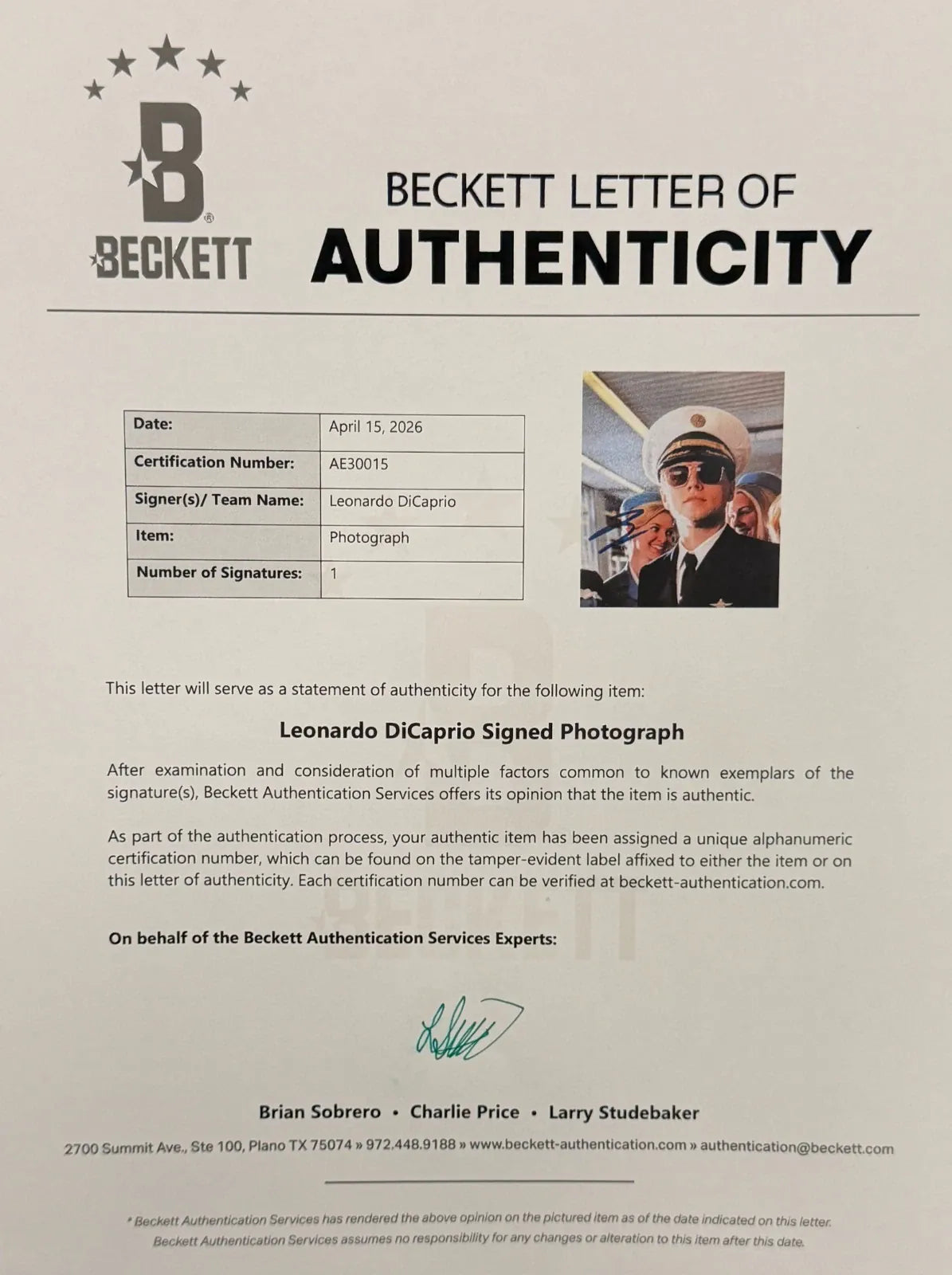 Leonardo Dicaprio autographed item - Detail View