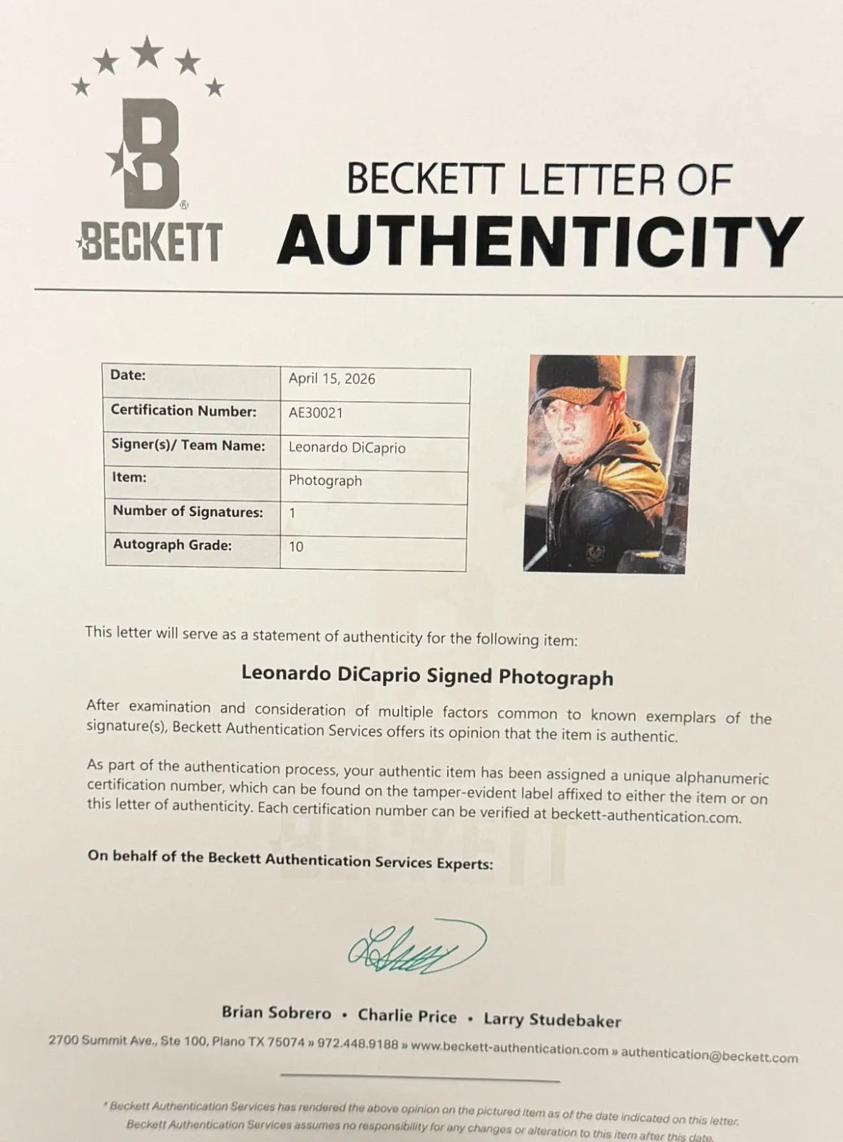 Leonardo Dicaprio autographed item - Additional View