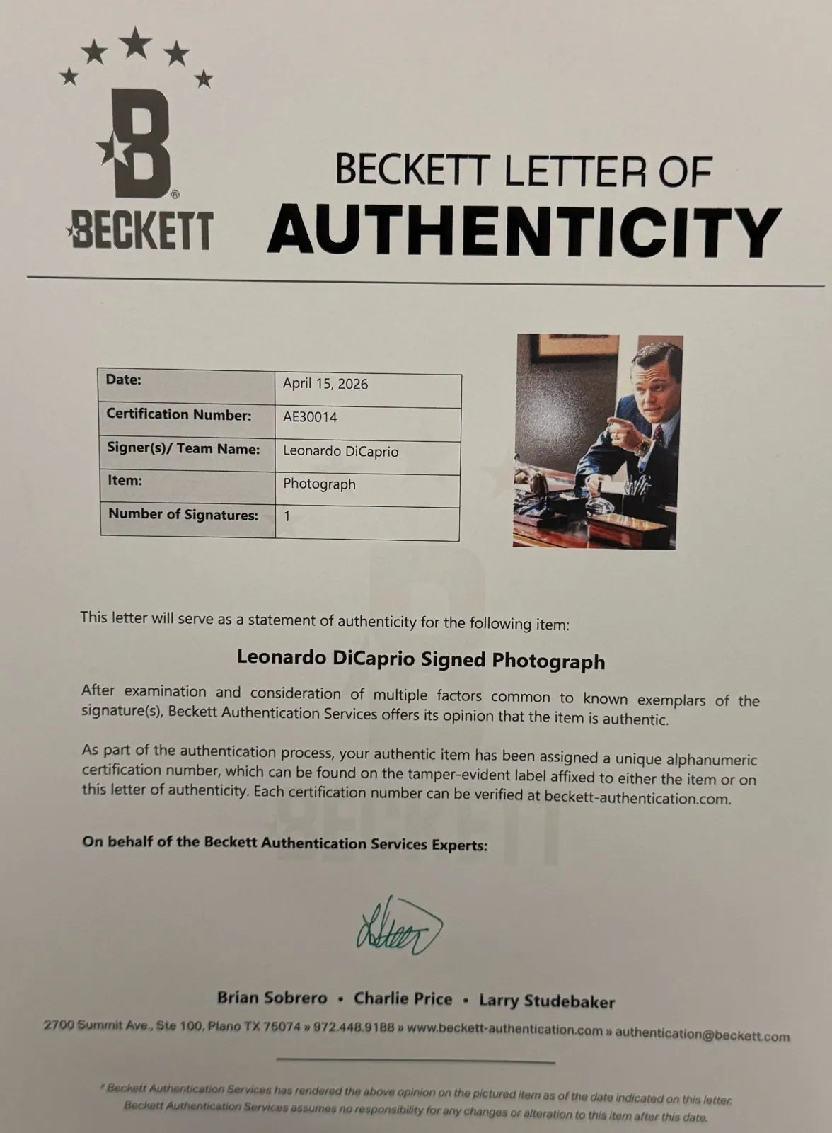 Leonardo Dicaprio autographed item - Detail View