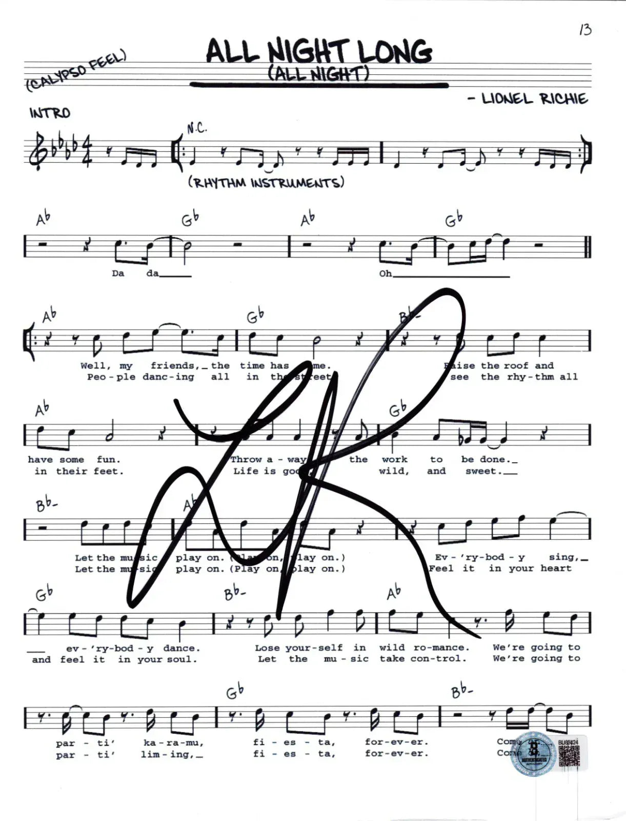 Lionel Richie Authentic Autographed All Night Long Sheet Music