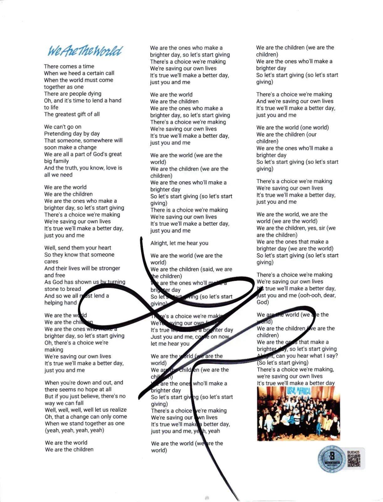 Lionel Richie Authentic Autographed We Are The World Lyric Sheet