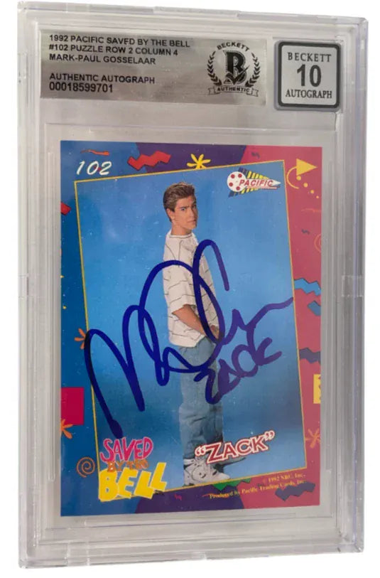 Mark-Paul Gosselaar signed Saved by the Bell 1992 Pacific card #102 inscribed Zack — Grade 10
