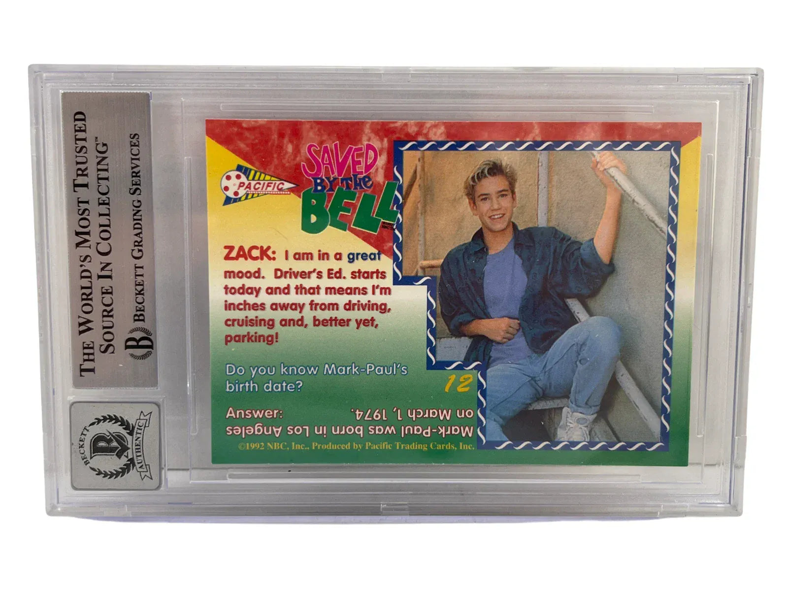 Mark-Paul Gosselaar signed Saved by the Bell 1992 Pacific Card 12 — card back view