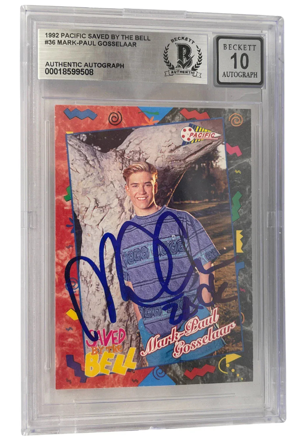 Mark-Paul Gosselaar signed Saved by the Bell 1992 Pacific card #36 inscribed Zack — Grade 10