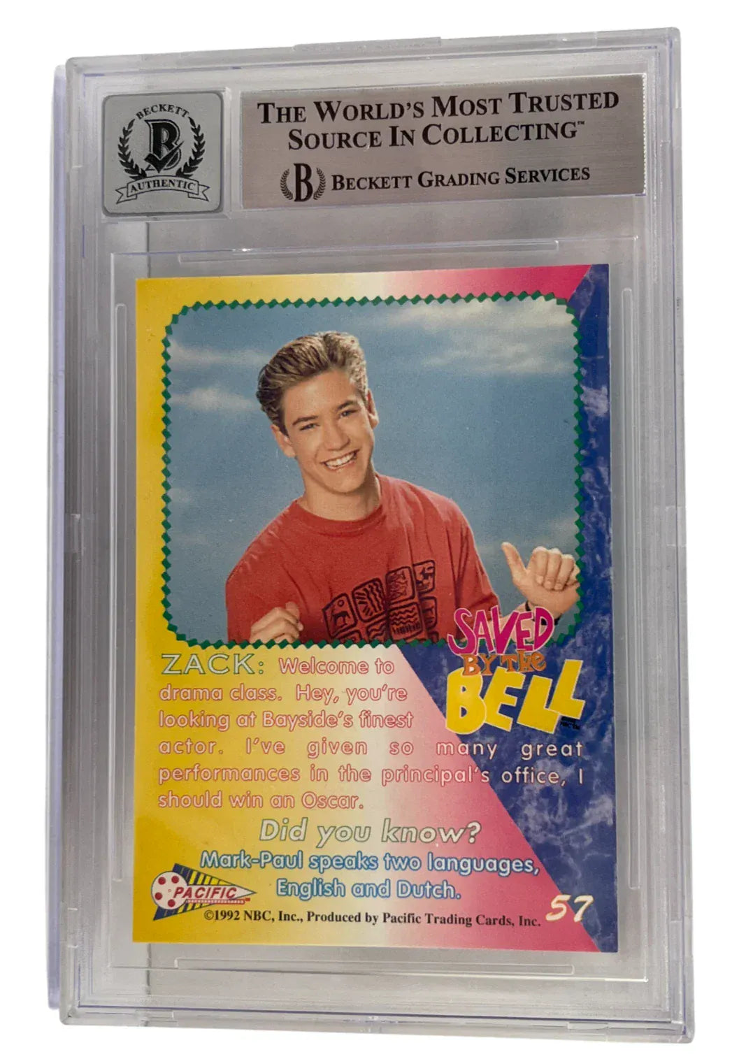 Mark-Paul Gosselaar signed Saved by the Bell 1992 Pacific Card 57 — card back view