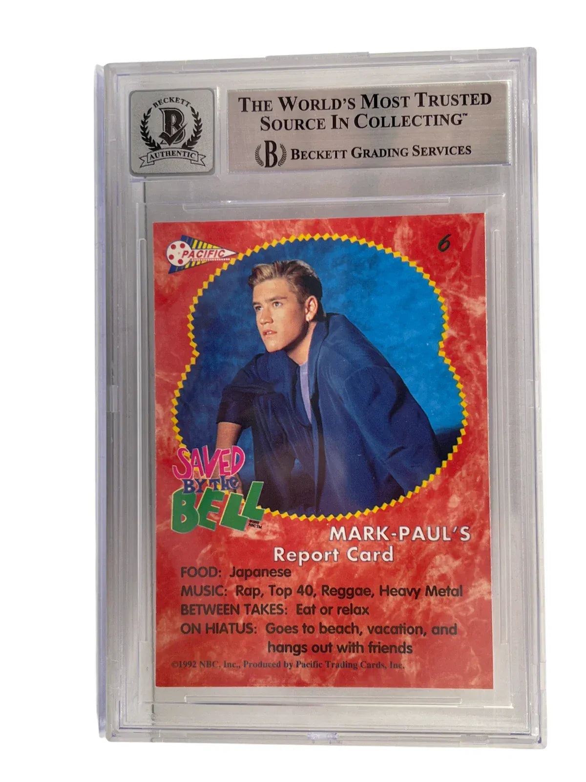 Mark-Paul Gosselaar signed Saved by the Bell 1992 Pacific Card 6 — card back view
