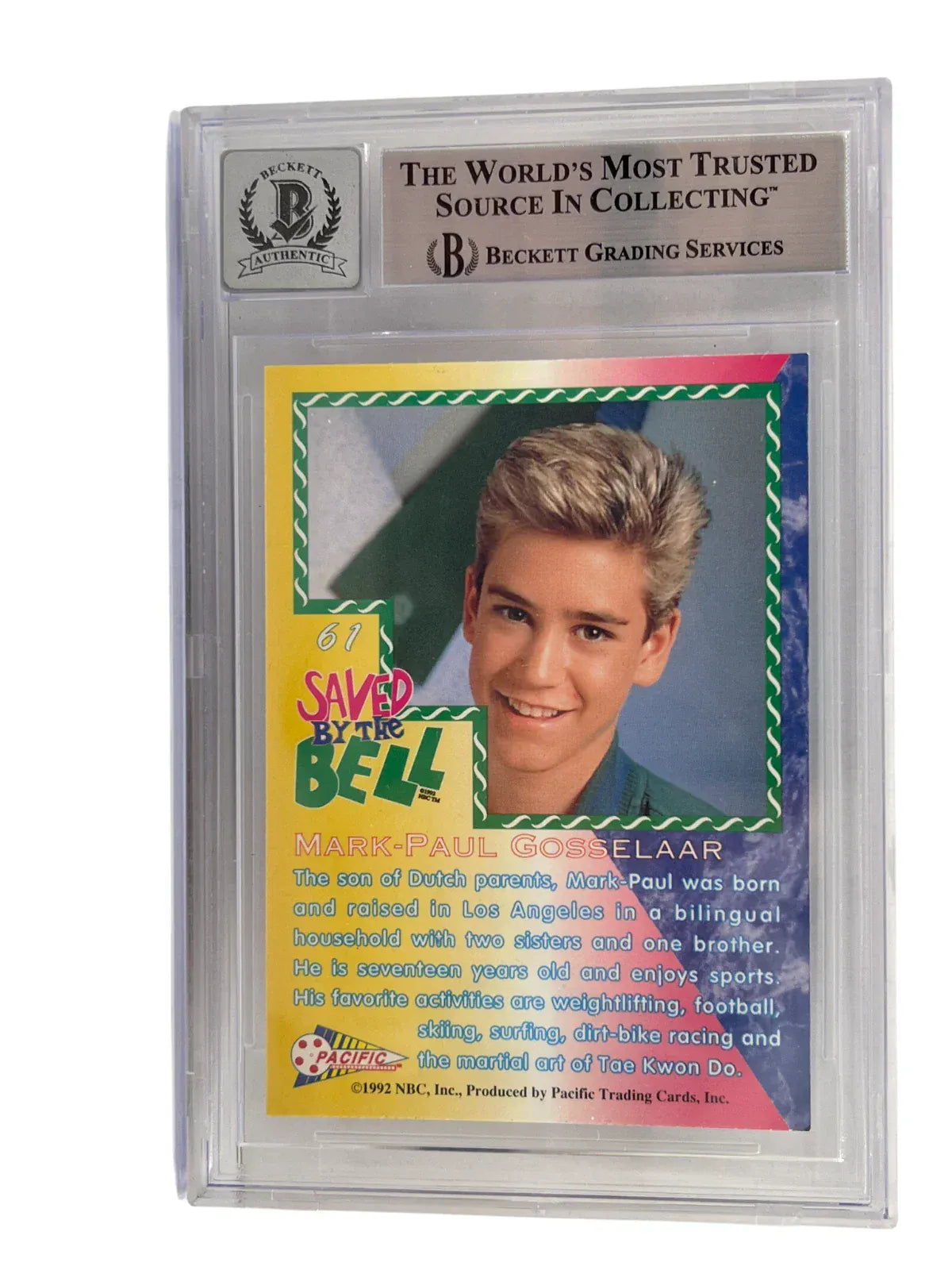 Mark-Paul Gosselaar signed Saved by the Bell 1992 Pacific Card 61 — card back view