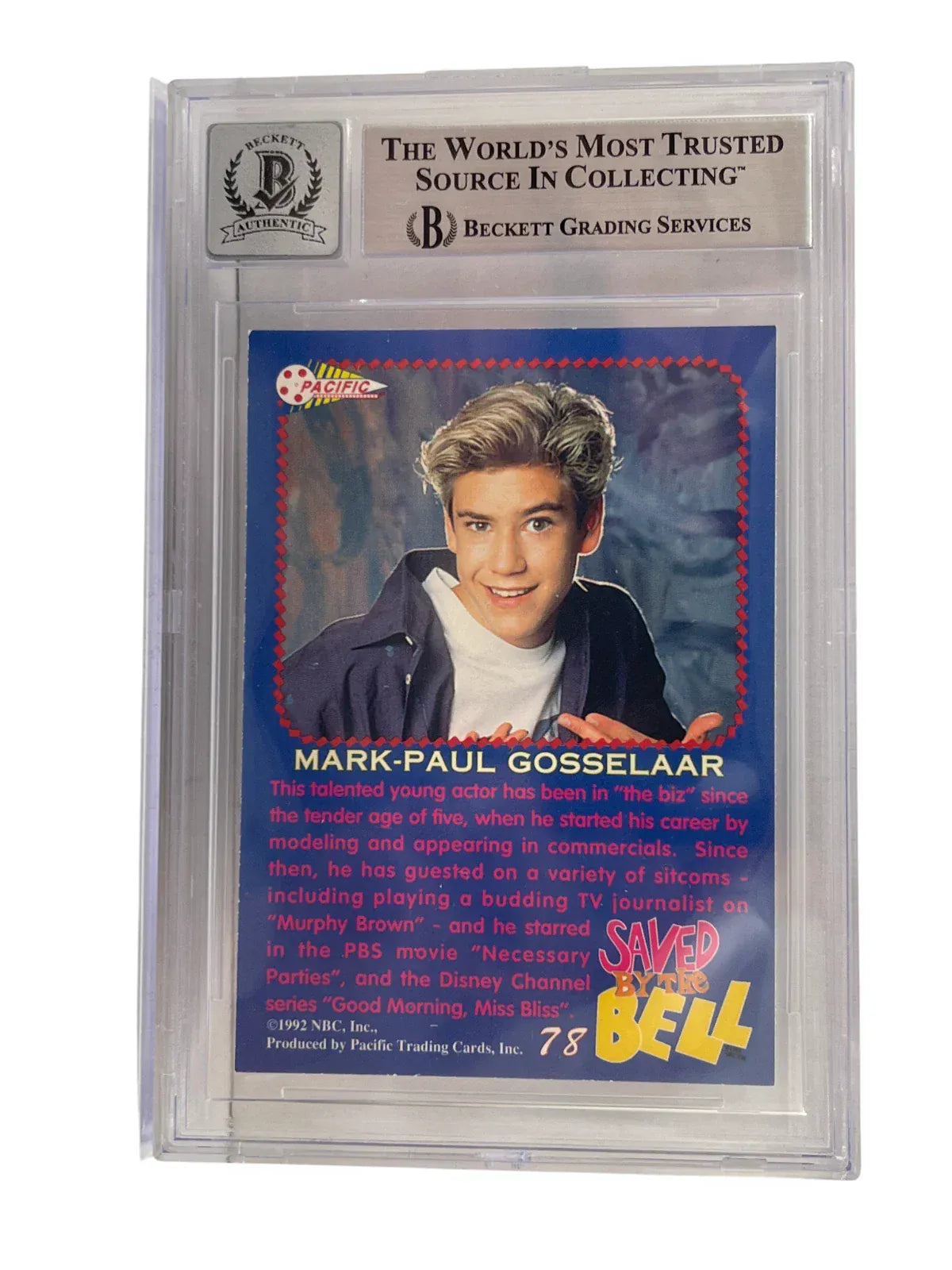 Mark-Paul Gosselaar signed Saved by the Bell 1992 Pacific Card 78 — card back view