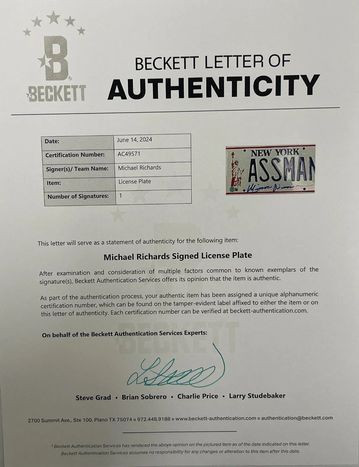 Michael Richards Authentic Autographed ASSMAN License Plate Alt View