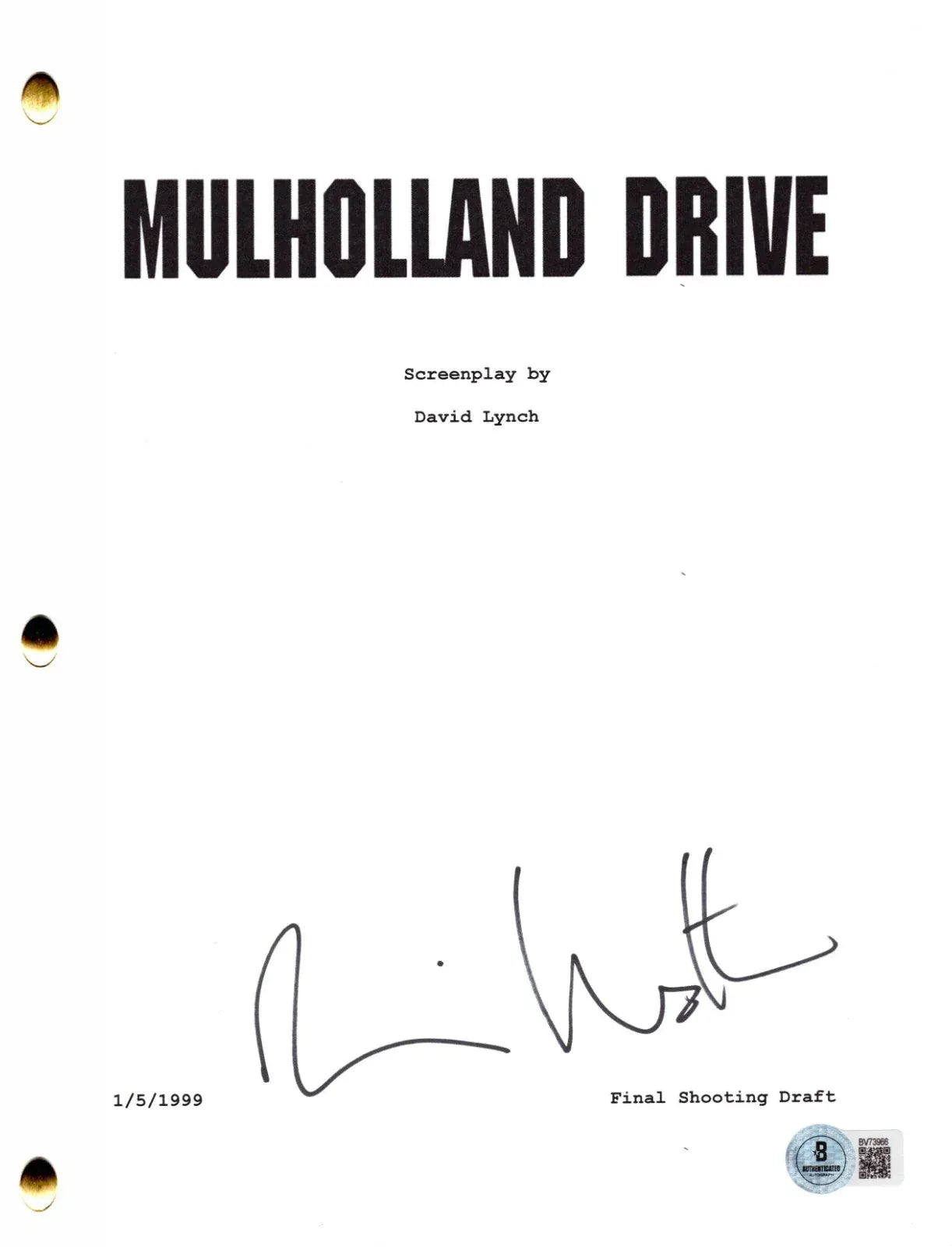 Naomi Watts signed Mulholland Drive movie script — Beckett authenticated