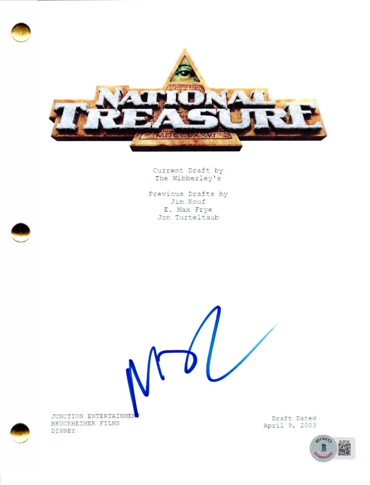 Nicolas Cage National autographed script with certificate of authenticity
