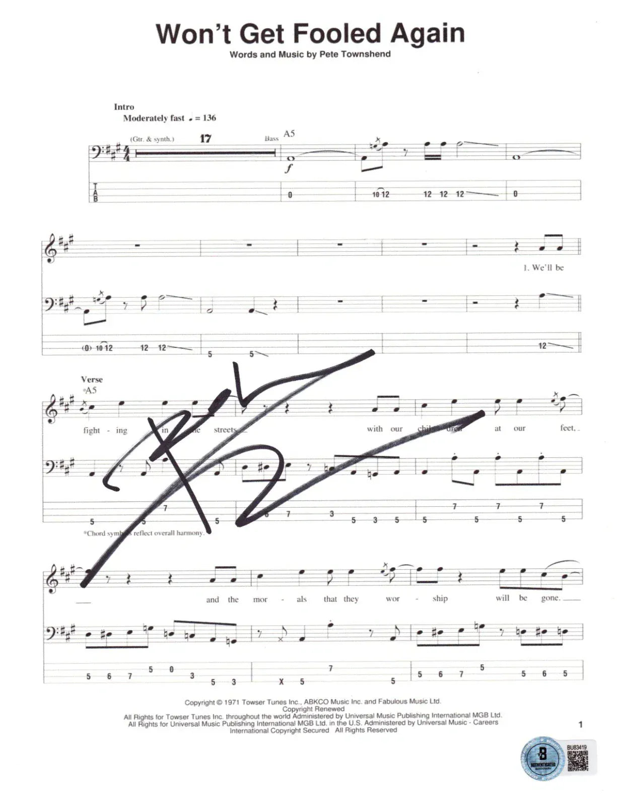Pete Townshend of The Who Signed Won't Get Fooled Again Sheet Music (1st Page Only) Beckett COA - Item #11
