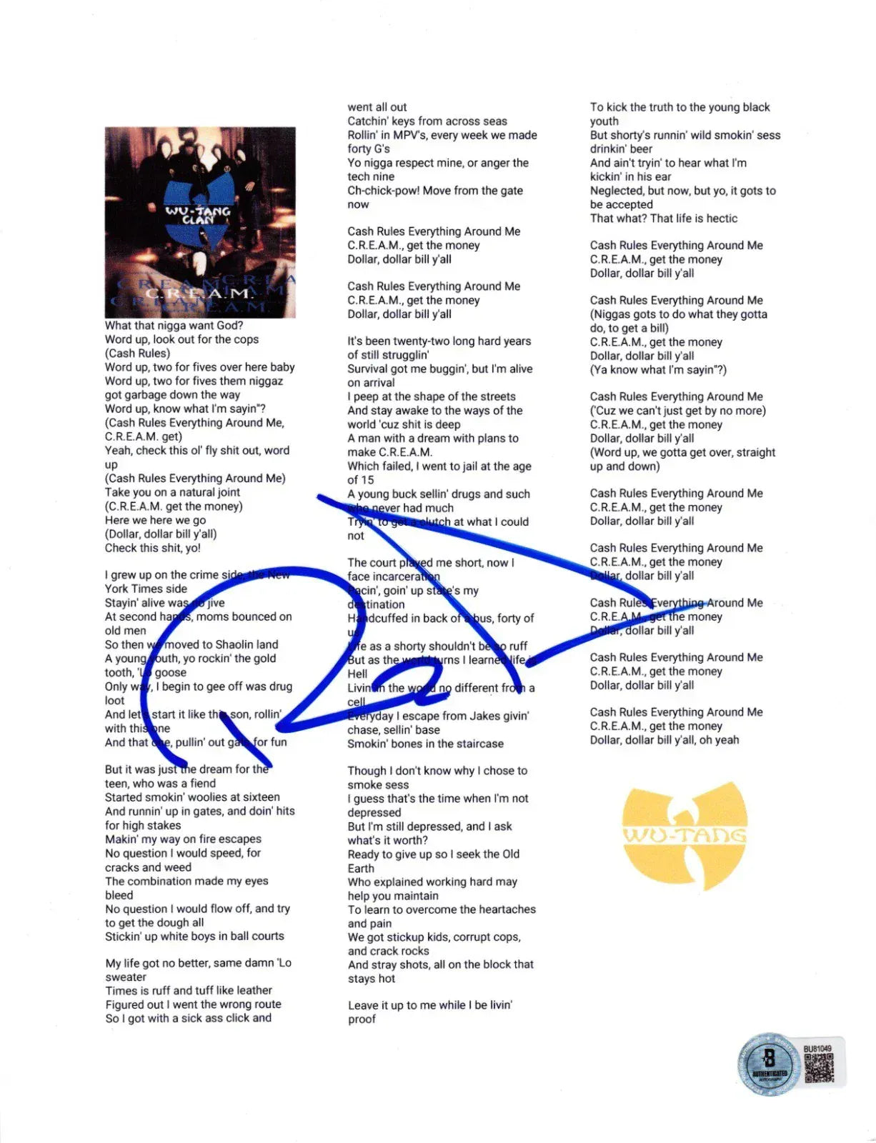 RZA of Wu Tang Clan Authentic Autographed Cream Lyric Sheet
