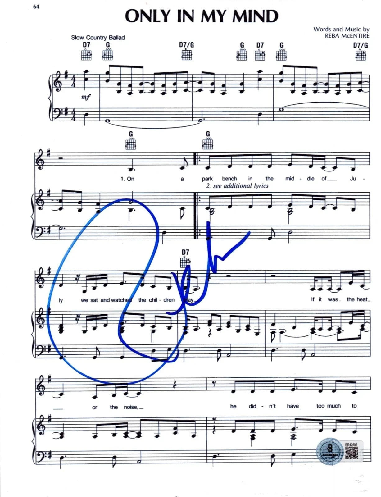 Reba McEntire Signed Only In My Mind Lyrics & Sheet Music Beckett COA